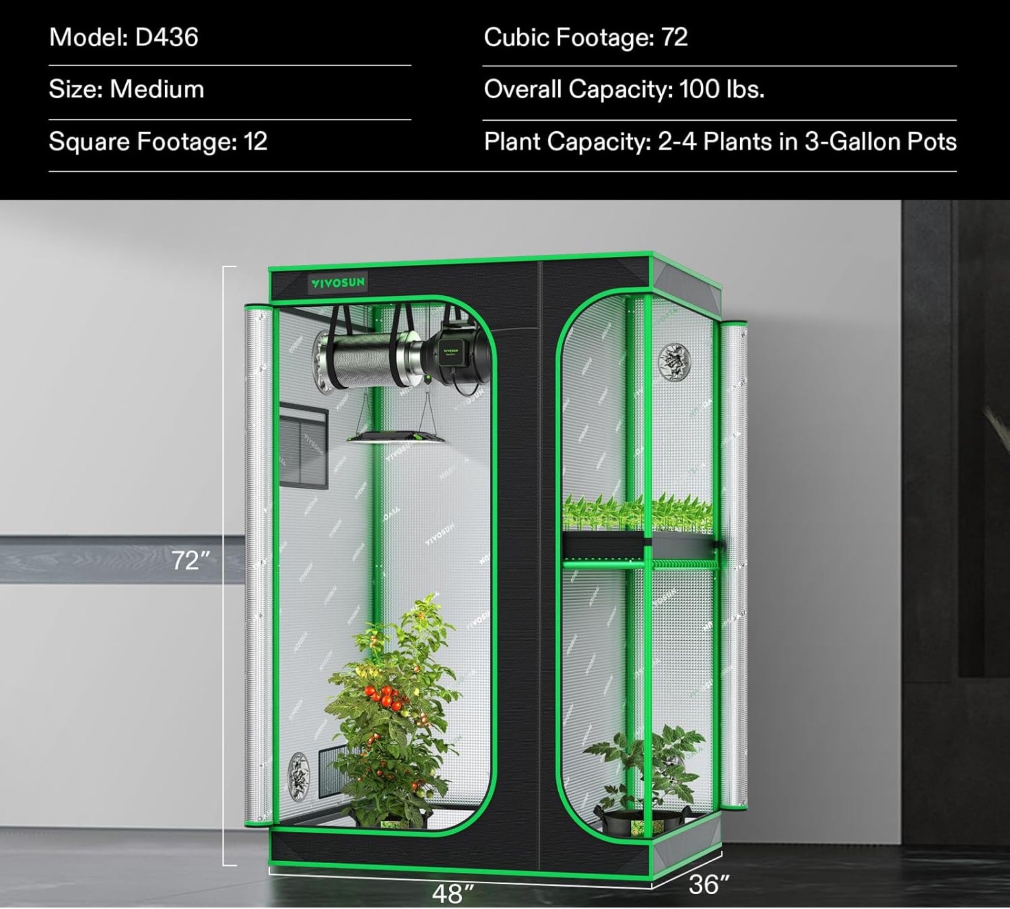 VIVOSUN D436 2-in-1 4x3 Grow Tent, 48"x36"x72" High Reflective Mylar with Multi-Chamber and Floor Tray for Hydroponic Indoor Plant