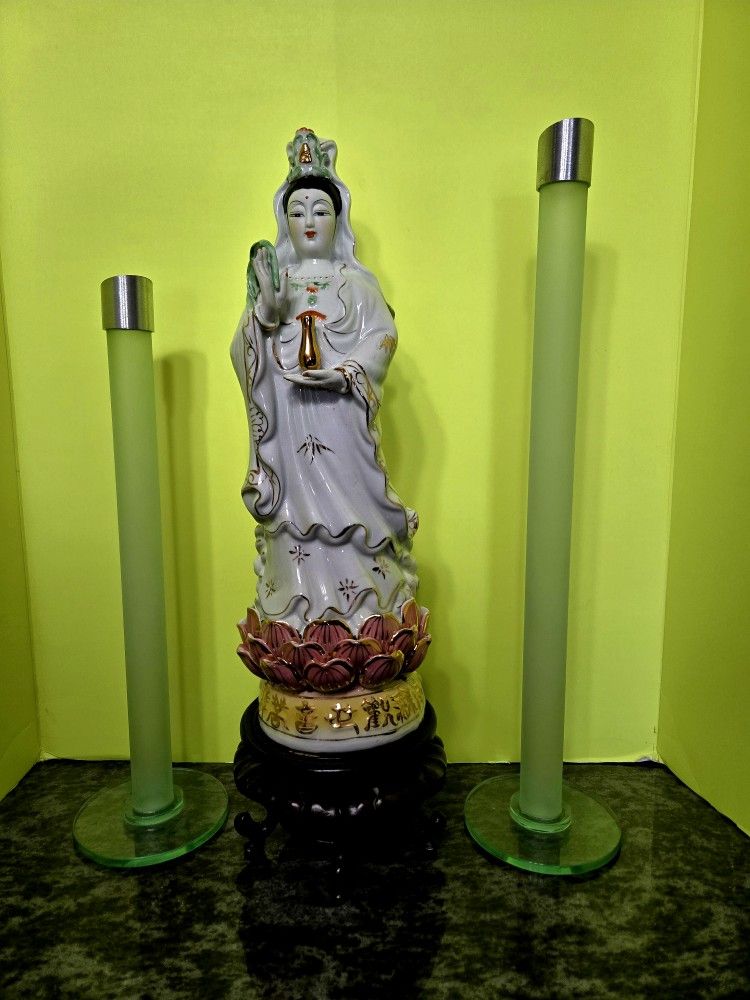 Vintage Quan Yin Porcelain Statue Goddess of Mercy & Protection Standing on the Pink Lotus Blossom 18" Tall