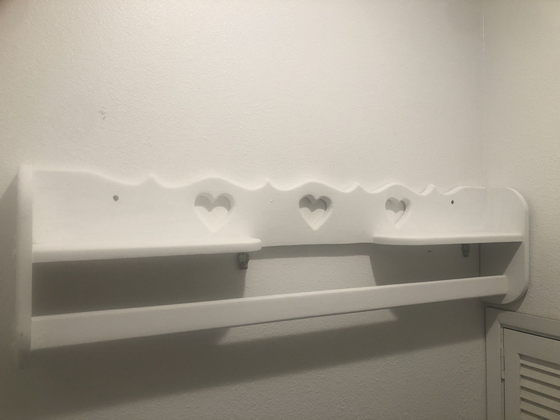 Home Decor - Wall Hanging Decor With 3 Heart shapes Design / Shelf / bar Rack with Wood n White Color ( 12 X 43 ) Inches .