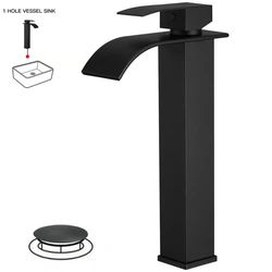 BWE Waterfall Single Hole Single Handle Tall Bathroom Vessel Sink Faucet With Supply Hose in Matte Black