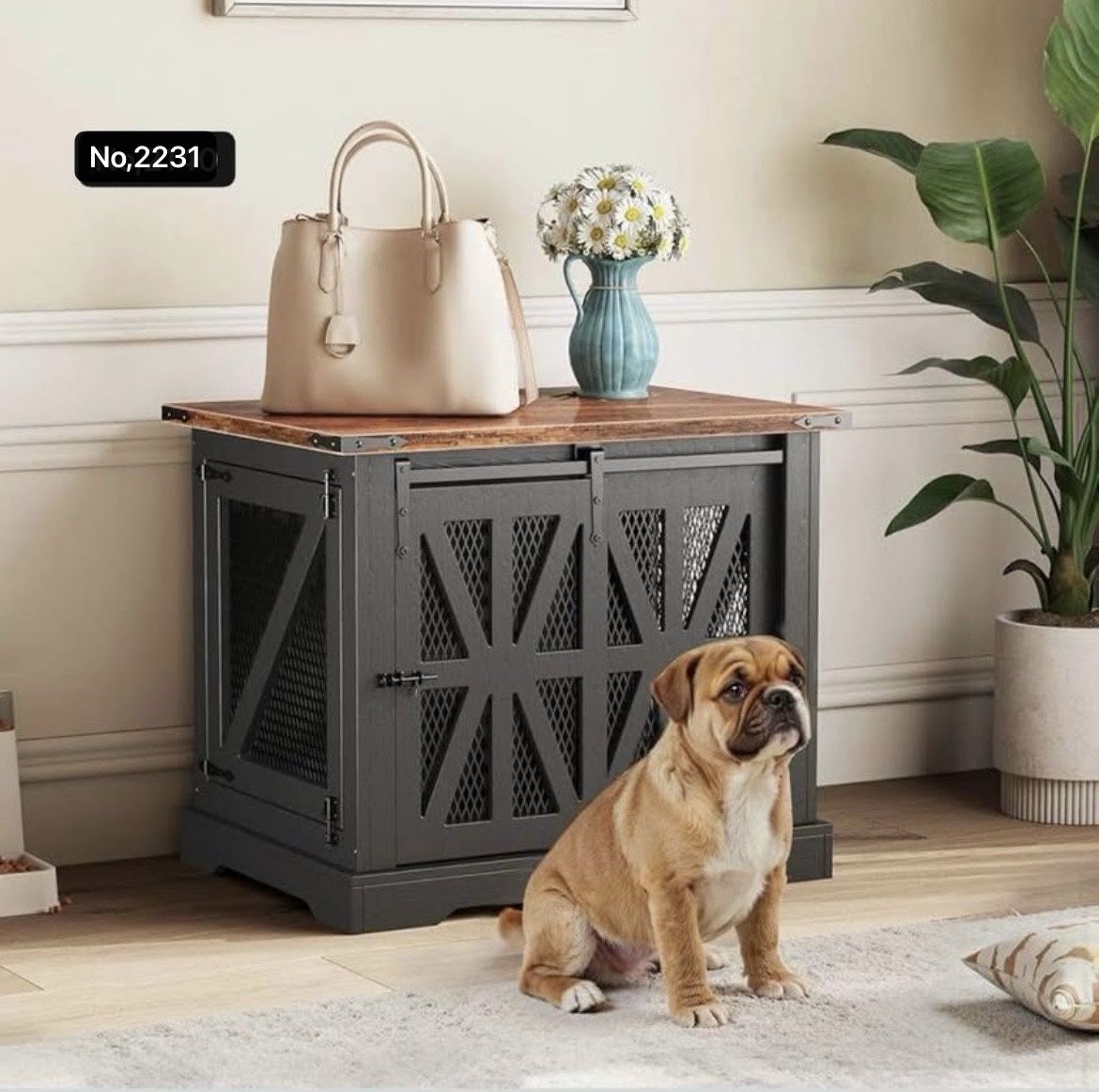 27" Small Dog Crate Furniture, Chew Resistant Dog Crate , Heavy Duty Small Three Door Dog Cage for Home, Sliding Door, Modern Wooden Dog House, Suitab