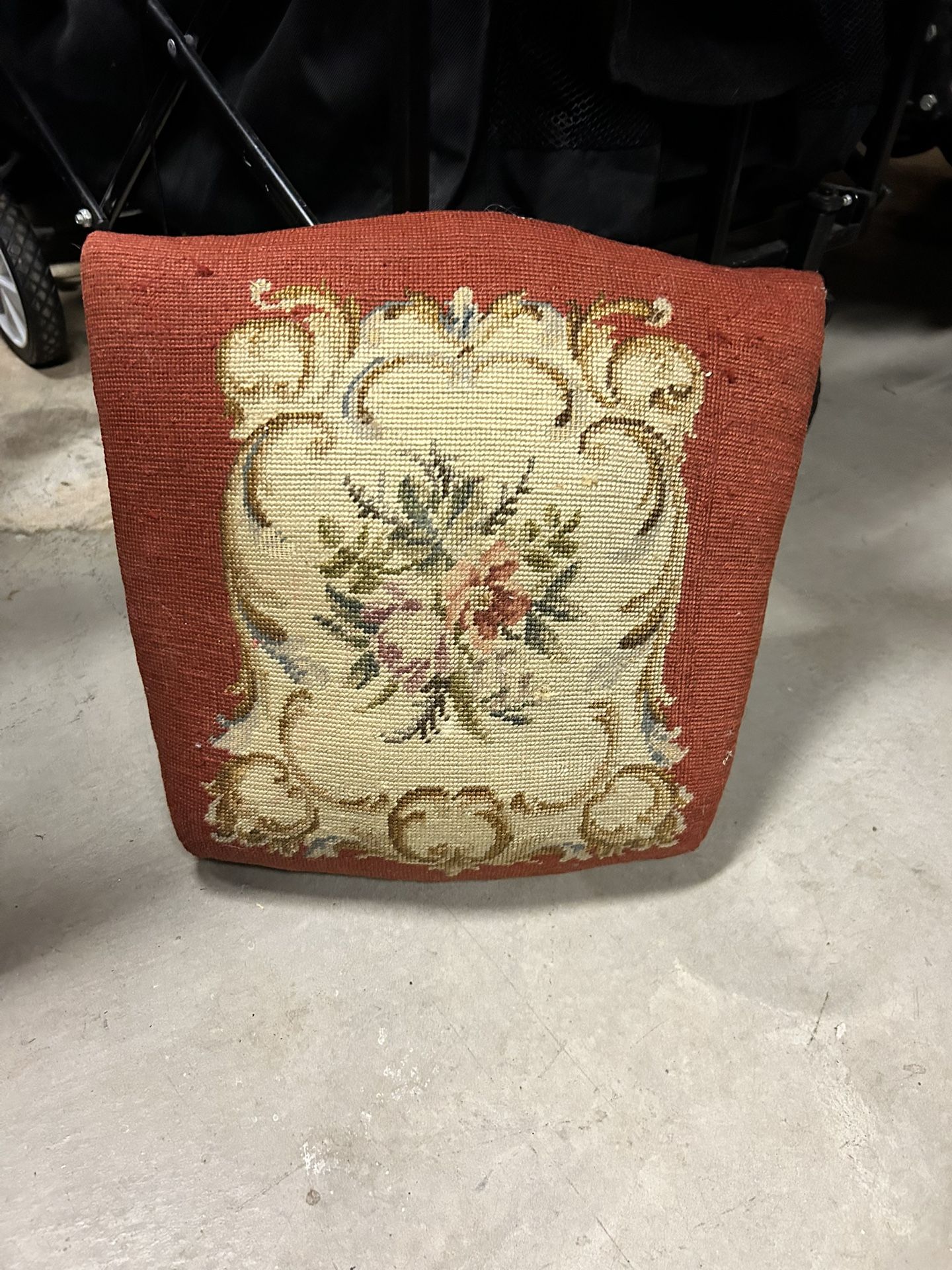 vintage or antique needlepoint chair seat cover or footstool top, likely from the early to mid-20th century (1920s–1950s).