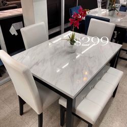 5-pc dining table set bench white faux marble table top