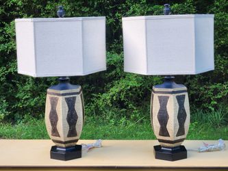MCM Style Boutique Table Lamp Pair w/ Hexagonal Drum Shades