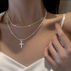 2pcs/Set Fashionable Simple Silver Color Micro Inlaid Cubic Zirconia Cross Pendant Layered 