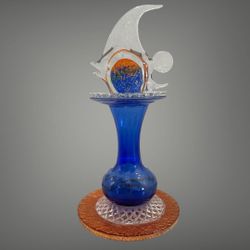 STUNNING MURANO-STYLE HAND-BLOWN ART GLASS FISH VASE ~ 16” TALL, COBALT STEM & BASE, HOME DECOR COLLECTOR QUALITY