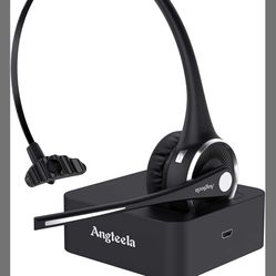 Angteela Trucker Bluetooth Headset With Microphone, Wireless Cell Phone Headset With Noise Canceling Mic Charging Base Mute Function For Home Office C