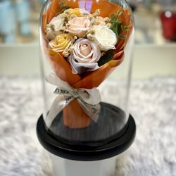 Orange-Pink Preserved Soap Flower Bouquet In Glass Bottle 