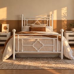 Twin Size Bed Frame White Metal Bed Frame with Quatrefoil Detail