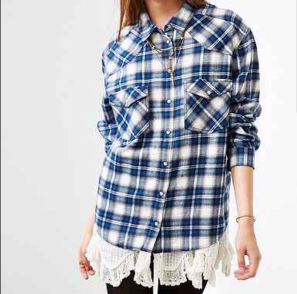 BDG Urban Outfitters Blue And White Plaid Flannel Lace Petticoat Shirt Size M