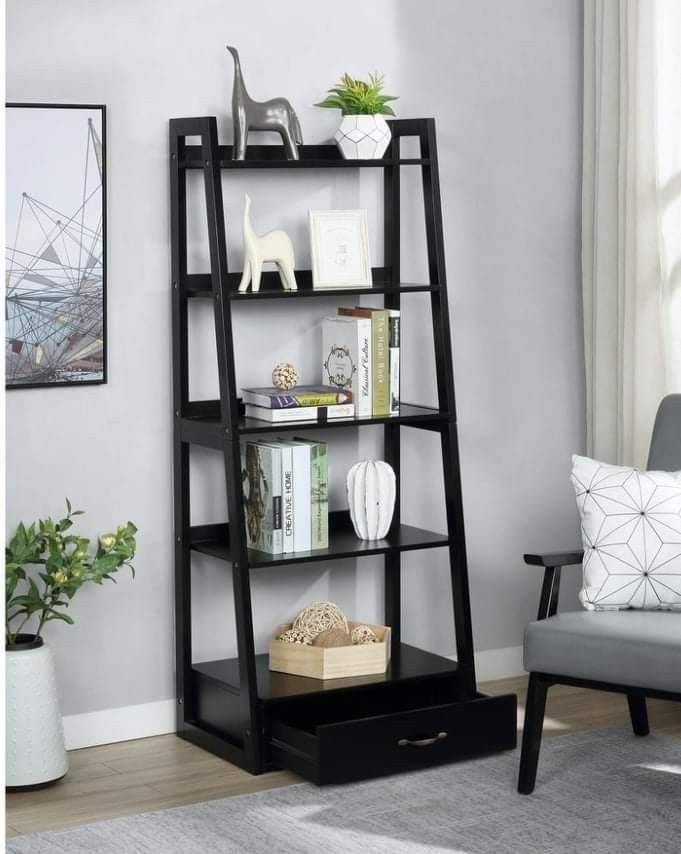 64" Black Wood 5-shelf Ladder Bookcase with Drawer