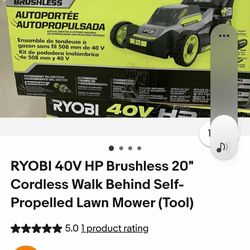 RYOBI 40V Brushless 20" Cordless Walk behind self propelled Lawn Mower