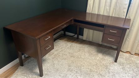 Large Solid Wood L-Shaped Executive Desk w/ Storage & Keyboard Tray