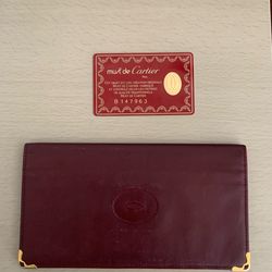 Authentic Cartier Must De Cartier Burgundy Leather Long Wallet Gold Corners