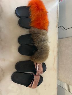 Victoria's Secret PINK Rose Gold Slides & Fluffy Fur Slide Sandals Lot - Size 10"