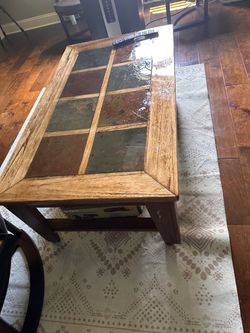 Wood and Slate Tile Top Coffee Table