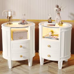 Tribesigns Set of 2 Nightstand with LED Glass Tabletop, Modern Ivory White Nightstand with 2 Drawers, No Assembly Required, Oval Bedside Table for Bed