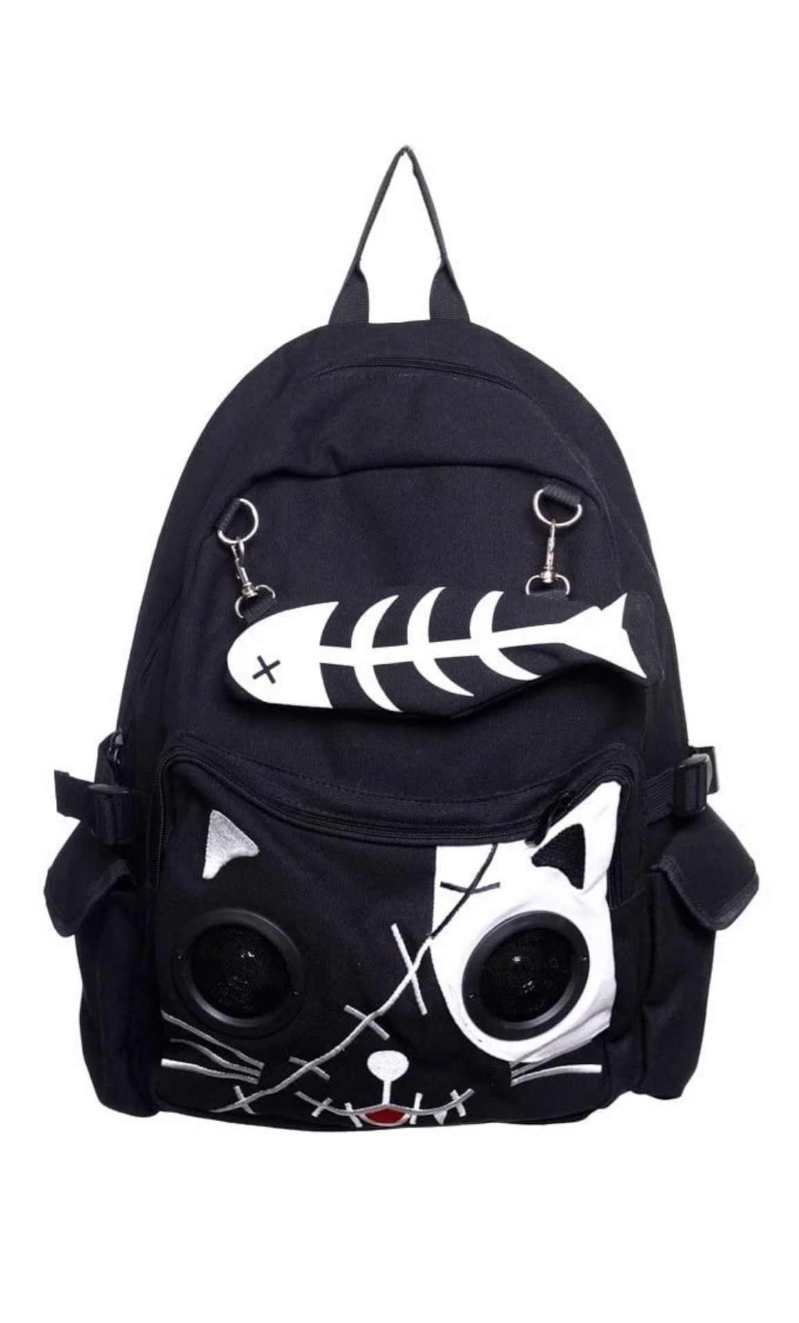 Kitty Speaker Backpack Black Cat Face School Book Bag Fish Bone Purse Adjustable Straps NWT