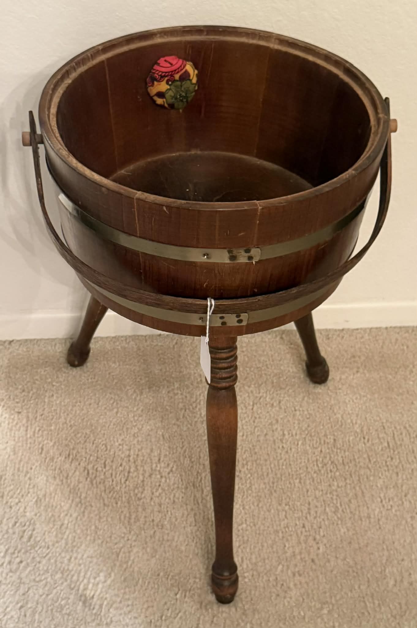 Vintage Mid Century Wood Firkin Bucket - Sewing Box