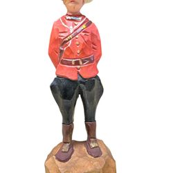 Toy soldier 1939 5”vintage folk art wooden figurine of a Canadian Mountie, or Royal Canadian Mounted Police (RCMP) officer. These types of carvings ar