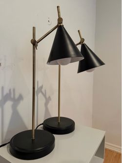 Mid-Century Modern Matte Black and Gold Cone Shade Table Lamps