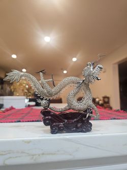 Silver Filigree Dragon Figurine on Wood Base