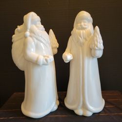 Pair Of Identical White Ceramic Santa Figurines Woth Puppy In Sack 10" Tall