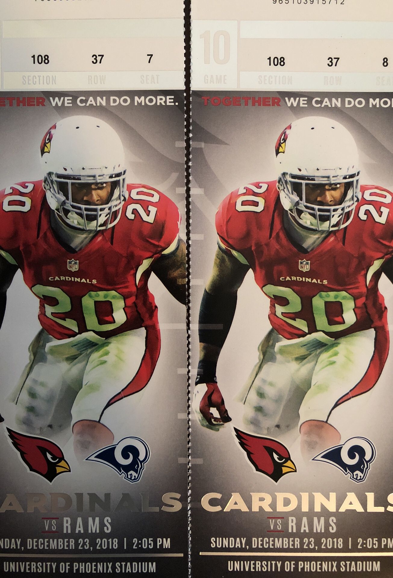 Two Cardinals vs. Rams tickets, December 23rd. Section 108. Great seats!! Parking pass included. $350 OBO