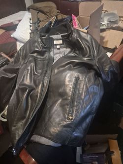 Barneys New York men's black leather bomber jacket