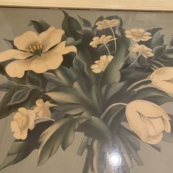 MCM / Vintage artist signed “de Jonge” floral print 1960s in wood & glass frame. Cottage/ farmhouse