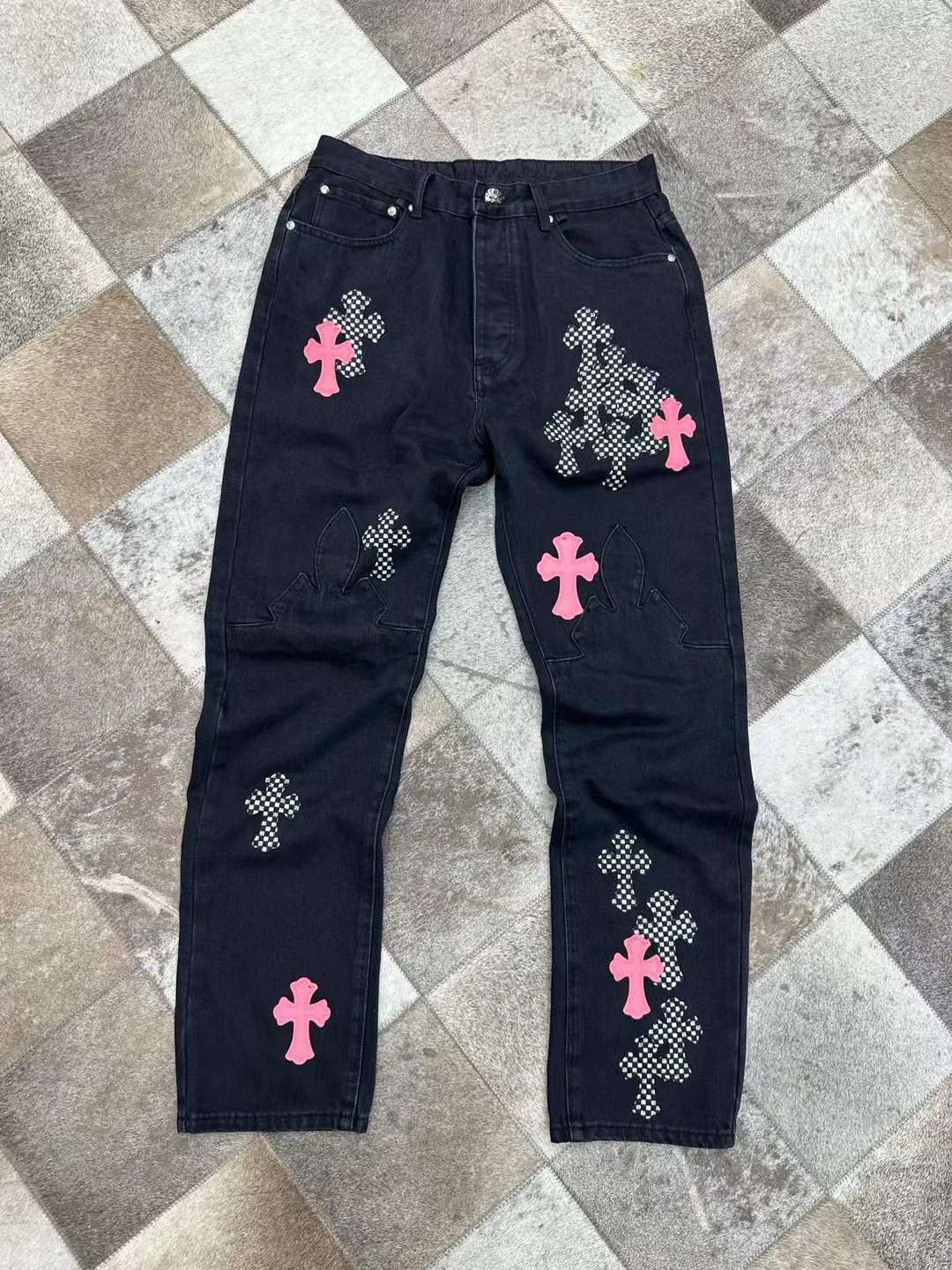 Chrome Hearts Pink & Checkered Cross Patch Fleurknee Jeans Black for Sale  in Irvine, CA - OfferUp