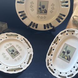 Set Of  (3) Hanging Decorative Plate with Matching Ribbon ~ Wine Bottle and Grape Pattern