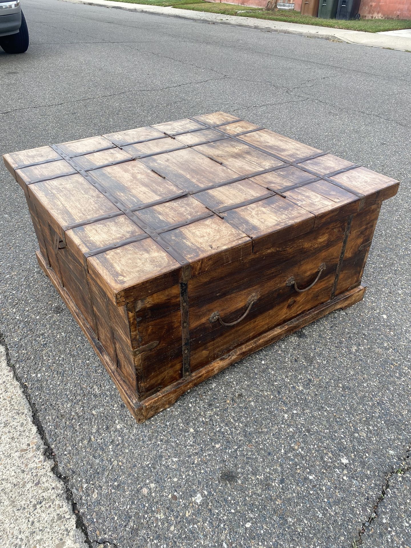 India Teak Wood Iron Strap Chest Coffee Table Antique