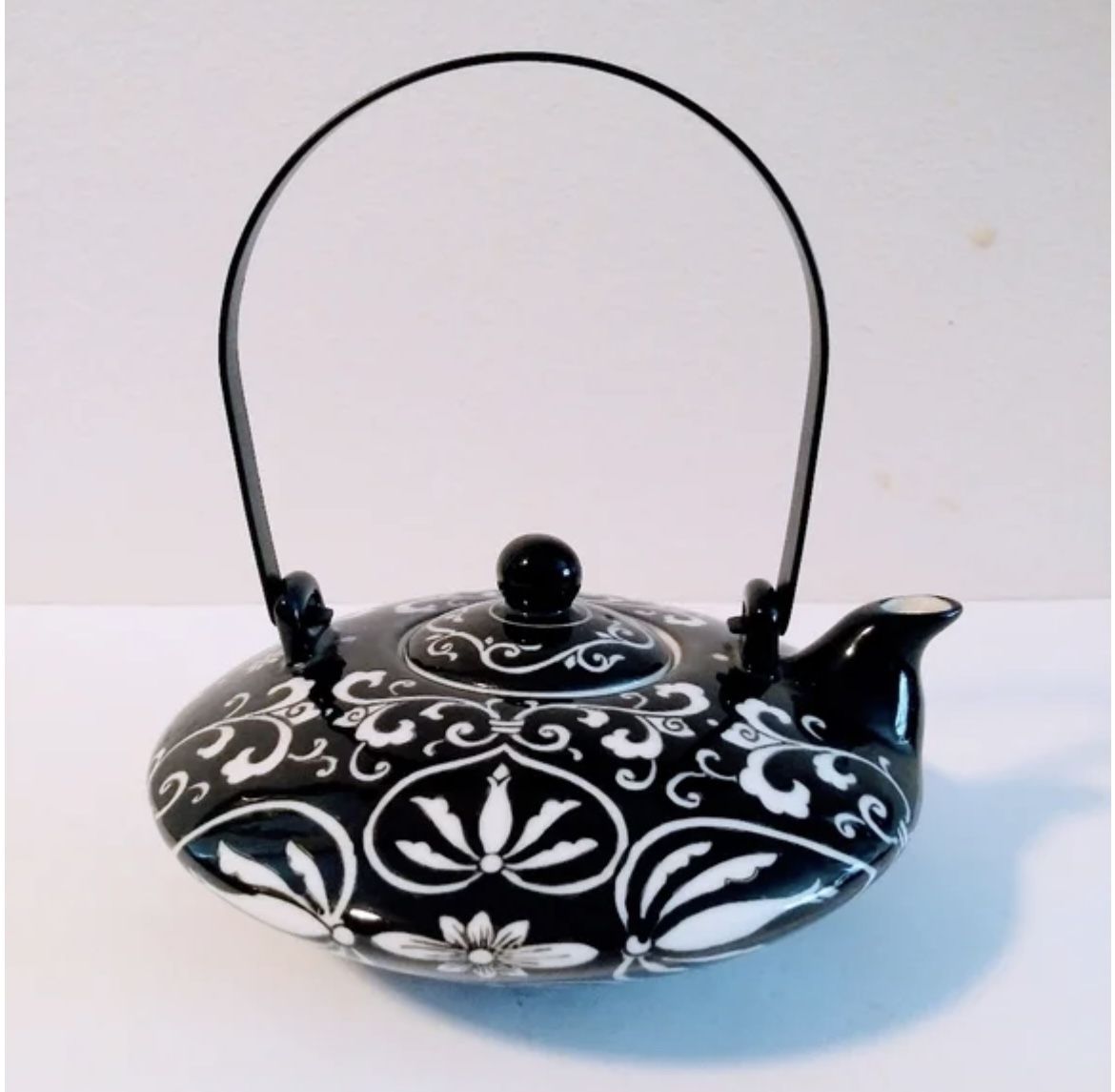 World Market Porcelain Teapot Black and White Design Metal Handle Vintage