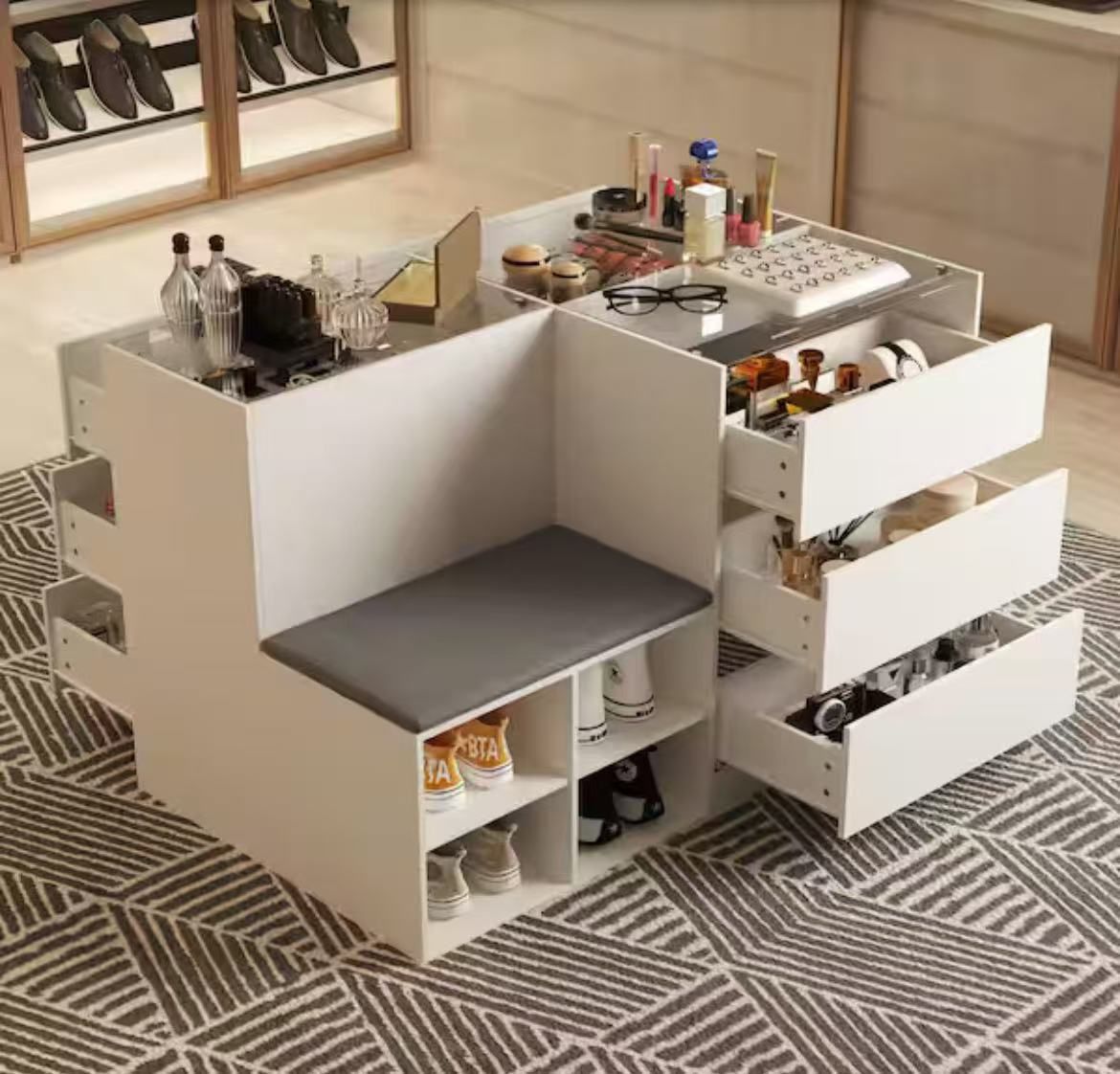 Wardrobe with bench, island dressing room with glass top, 9 drawers and shoe shelves white $180