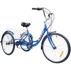 7 Speed Adult Tricycle, 24/26 Inch 3 Wheel Bikes with Large Basket, Cruiser Bike for Women/Men/Seniors, Adult Trike for Outdoor/Shopping/Recreation/Pi