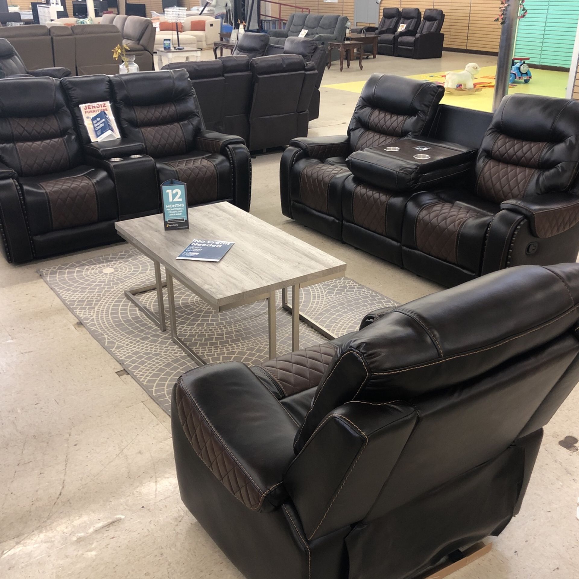 BRAND NEW SOFA LOVESEAT AND CHAIR BROWN LEATHER WITH WIRELESS CHARGER DROP DOWN TABLE ONLY $39 Take It Home 🏡 Today