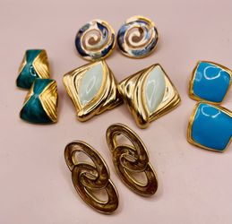 Blue And Green Vintage  “Work Week” Enamel And Gold Stud Pierced Earrings