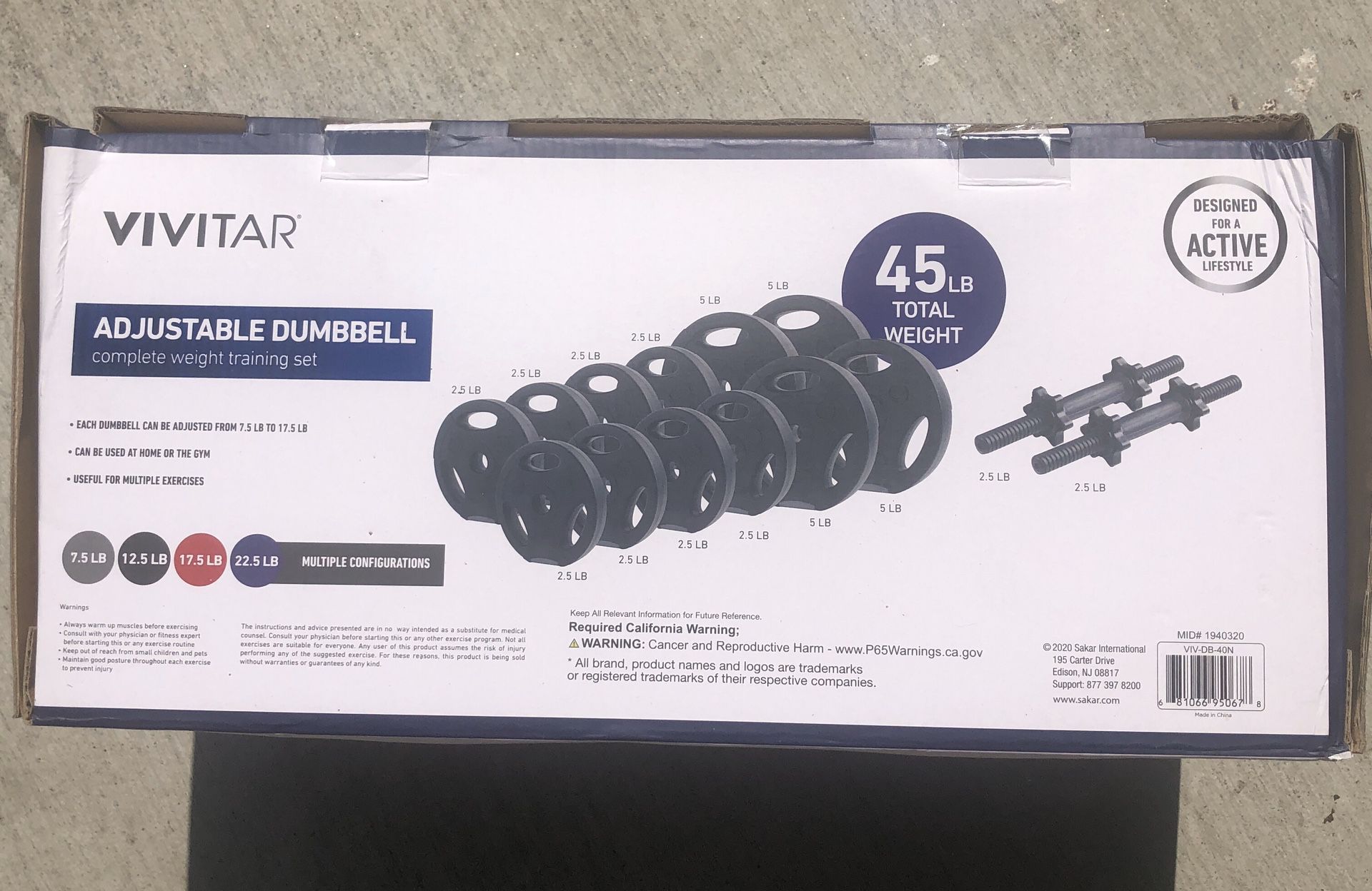 NEW - Vivitar Adjustable Dumbell Set 45lbs Total Weight Gym Workout