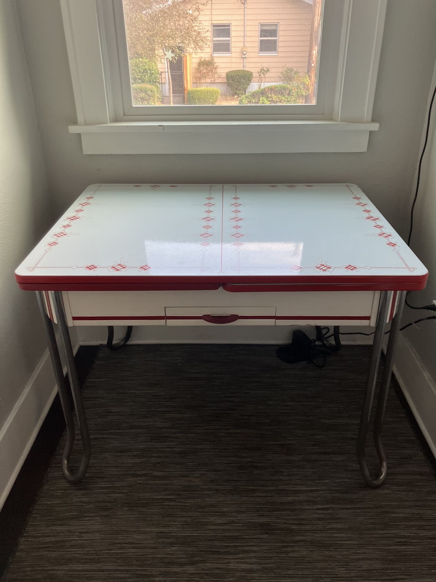Vintage 1950s Red and White Enamel Top Dining Table with Drawer