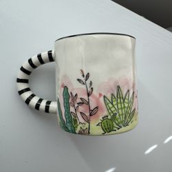 Urban Outfitters Artisanal Ceramic Mug Tropical Botanical Plants Striped Handle
