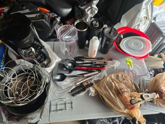 Coffe Machine, Pots, Pans, Mixed Kitchen Utensils and Drinkware Lot