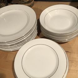 24 pieces of  “ china “ - 8 fancy plates, 8 bowls and 8 small plates White w/ gold - only $1.75 each when buy all 24 for $45 - must come to Huntington
