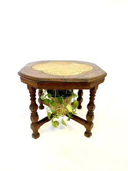 Side Table Moroccan Style Antique Wood Table Plant Stand Stone Design Top