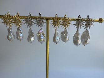 Baroque Pearl Starburst Earrings – Gold & Silver Tones, 12.5g
