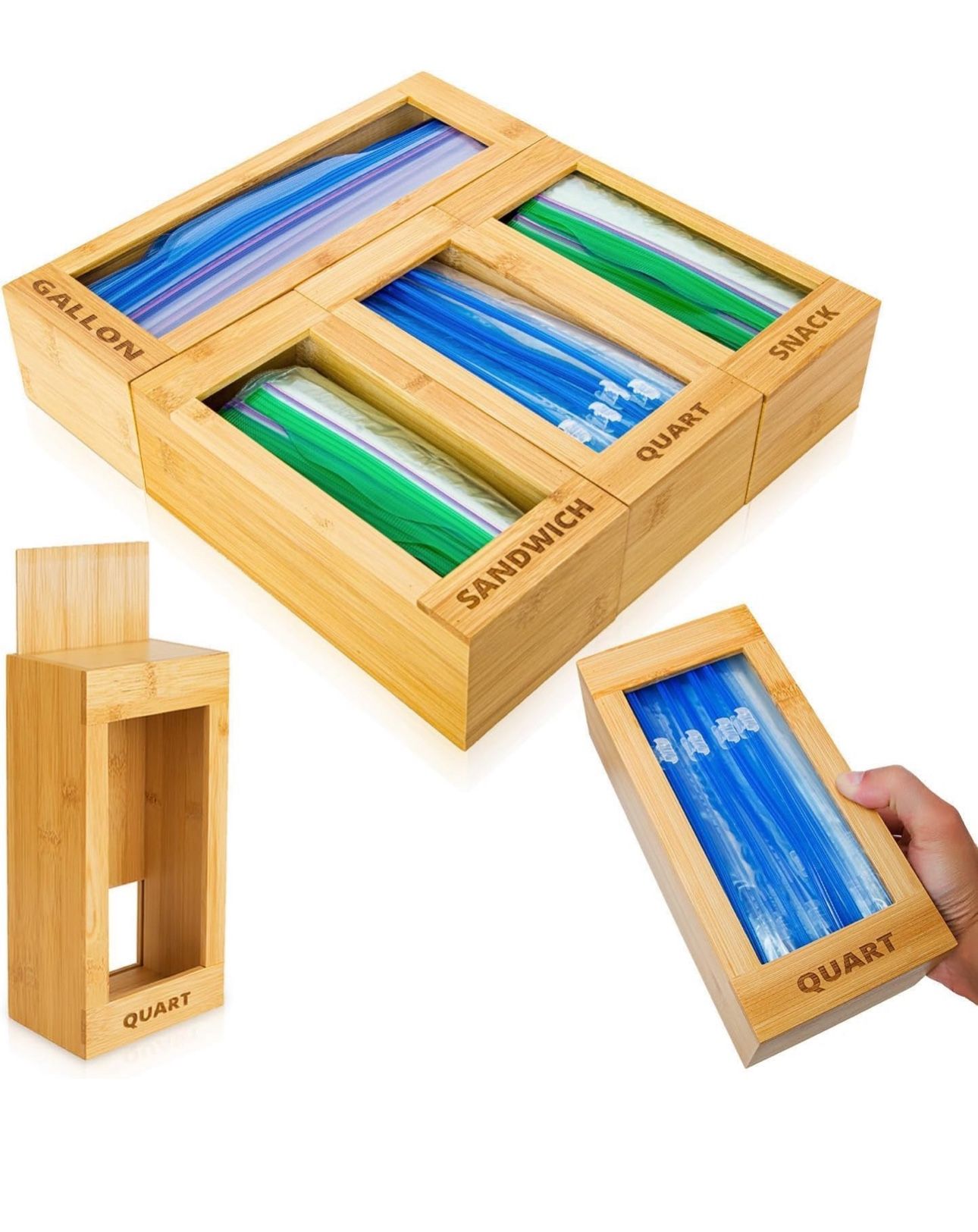 New mHomeAid Bag Storage Organizer - Bamboo Food Plastic Baggie Holder, Dispenser, and Container for Kitchen Drawer - Fits Ziplock and Ziploc Gallon, 