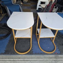  C Shaped End Table, Modern Sofa Side Table with Faux Marble Tabletop & Storage Shelf, Slide Under Sofa Bed, 2-Tier Couch Table for Small Spaces Livin