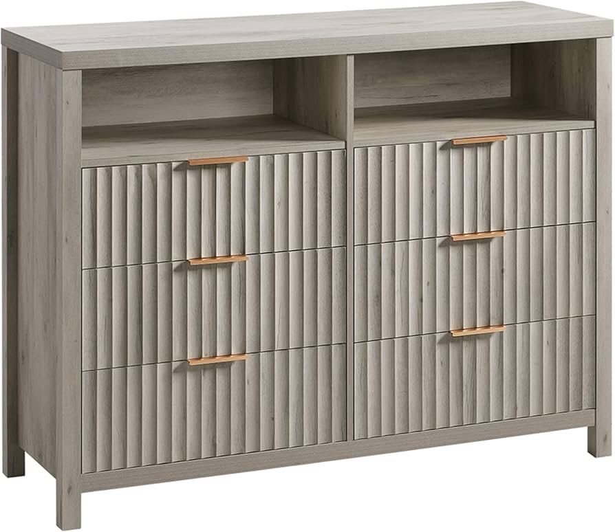 Oxford Fluted 6 Drawer Dresser for Bedroom, Wide Modern Wooden Chest of Drawers with 2 Shelves, TV Stand of Drawers, Wood Drawer Organizer, 46.5" W x