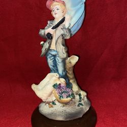 9.5 Inch Painted Alabaster Boy With Umbrella Figurine Imported From Greece
