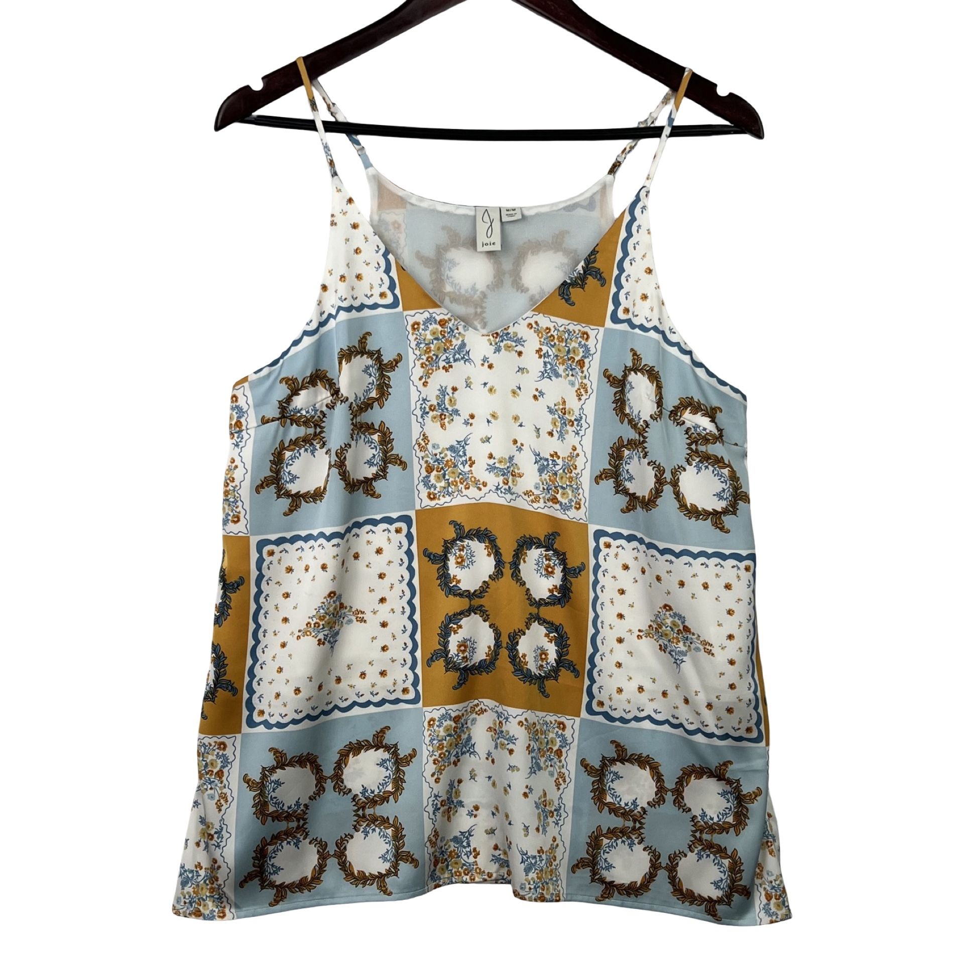 Joie Anthropologie Women's Floral Blue Gold Wht Sleeveless Strappy Slits Top -M-